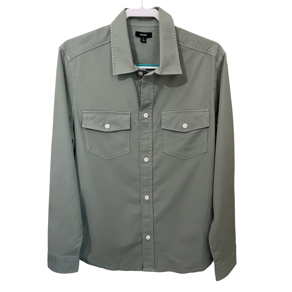 Reiss Malaki Cotton Twill Twin Pocket Overshirt Sage Green Mens Size S